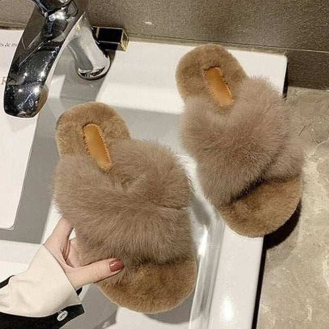 Plush Slippers Fur Slides Fashion Cross Band Flat Sandals Winter House Women Fur Slippers Ladies Indoor Fluffy Shoes 2021