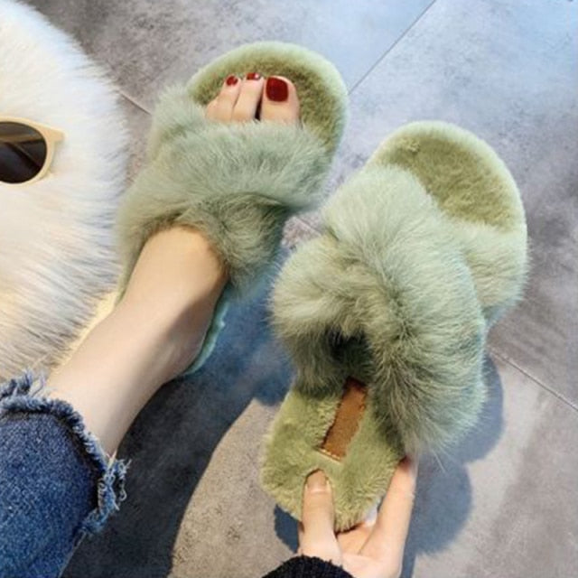 Plush Slippers Fur Slides Fashion Cross Band Flat Sandals Winter House Women Fur Slippers Ladies Indoor Fluffy Shoes 2021