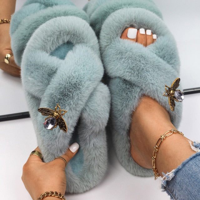 Plush Slippers Fur Slides Fashion Cross Band Flat Sandals Winter House Women Fur Slippers Ladies Indoor Fluffy Shoes 2021