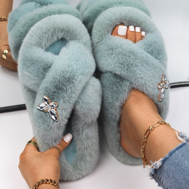 Plush Slippers Fur Slides Fashion Cross Band Flat Sandals Winter House Women Fur Slippers Ladies Indoor Fluffy Shoes 2021