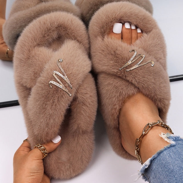 Plush Slippers Fur Slides Fashion Cross Band Flat Sandals Winter House Women Fur Slippers Ladies Indoor Fluffy Shoes 2021