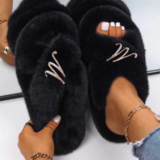 Plush Slippers Fur Slides Fashion Cross Band Flat Sandals Winter House Women Fur Slippers Ladies Indoor Fluffy Shoes 2021