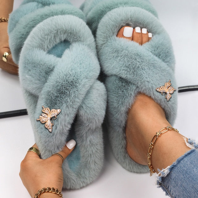 Plush Slippers Fur Slides Fashion Cross Band Flat Sandals Winter House Women Fur Slippers Ladies Indoor Fluffy Shoes 2021