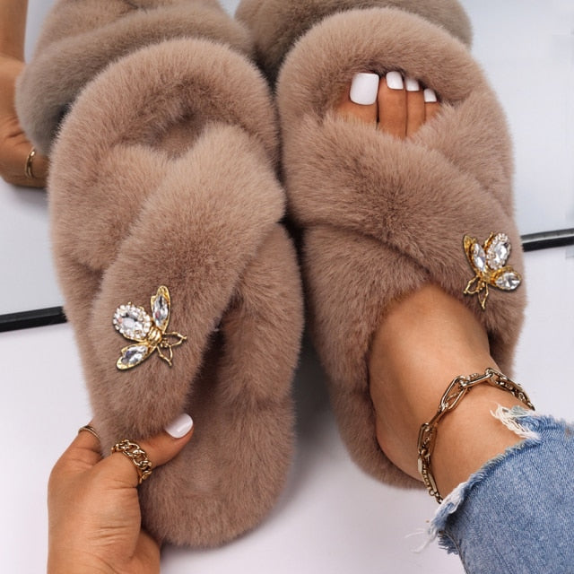 Plush Slippers Fur Slides Fashion Cross Band Flat Sandals Winter House Women Fur Slippers Ladies Indoor Fluffy Shoes 2021