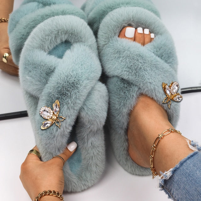 Plush Slippers Fur Slides Fashion Cross Band Flat Sandals Winter House Women Fur Slippers Ladies Indoor Fluffy Shoes 2021
