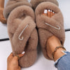 Plush Slippers Fur Slides Fashion Cross Band Flat Sandals Winter House Women Fur Slippers Ladies Indoor Fluffy Shoes 2021