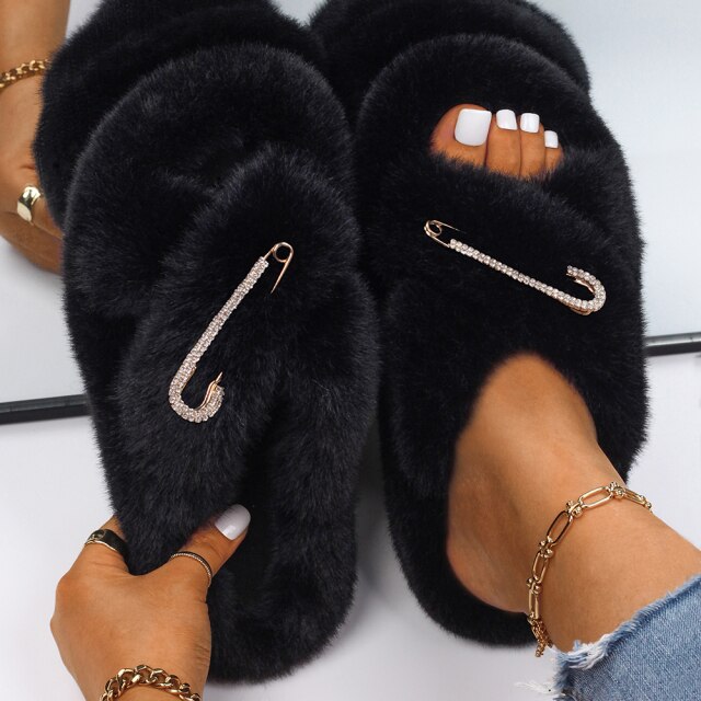 Plush Slippers Fur Slides Fashion Cross Band Flat Sandals Winter House Women Fur Slippers Ladies Indoor Fluffy Shoes 2021