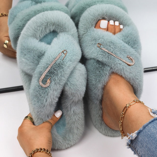 Plush Slippers Fur Slides Fashion Cross Band Flat Sandals Winter House Women Fur Slippers Ladies Indoor Fluffy Shoes 2021