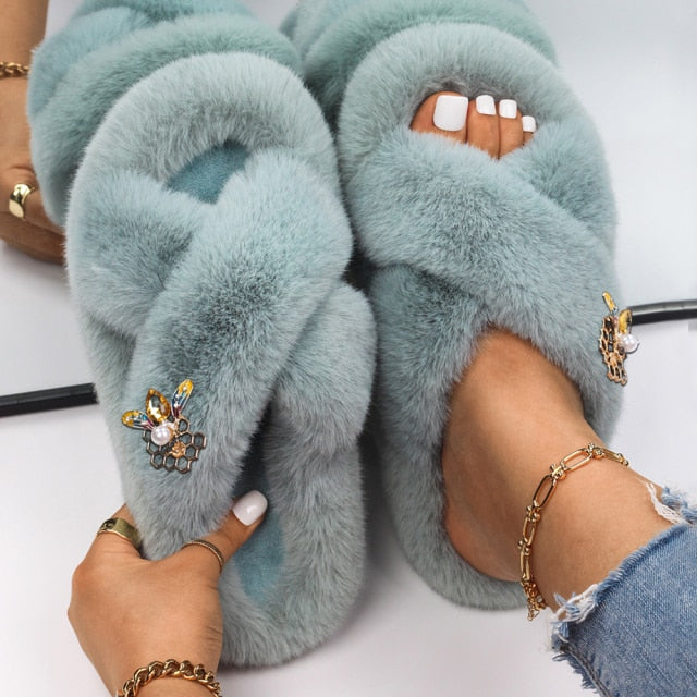 Plush Slippers Fur Slides Fashion Cross Band Flat Sandals Winter House Women Fur Slippers Ladies Indoor Fluffy Shoes 2021