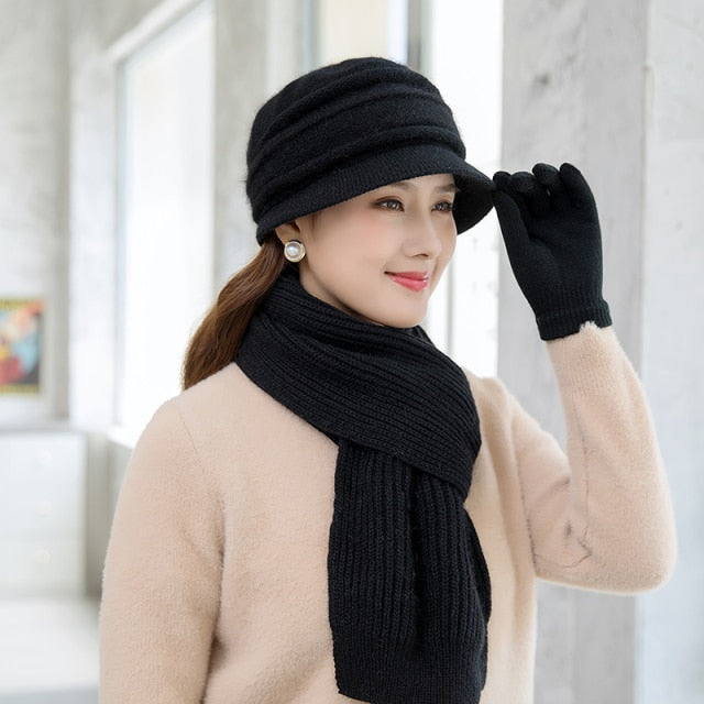 Women's Winter Warm Hat Scarf Gloves 3 Pieces Set Female Elegant Gracefull Keep Warm Winter Set Woll Long Scarf