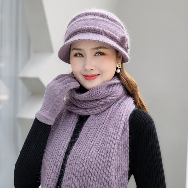 Women's Winter Warm Hat Scarf Gloves 3 Pieces Set Female Elegant Gracefull Keep Warm Winter Set Woll Long Scarf