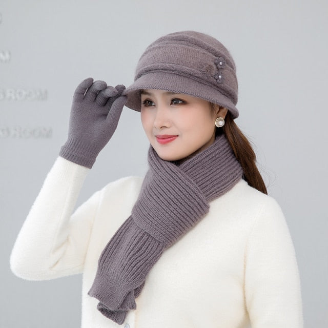 Women's Winter Warm Hat Scarf Gloves 3 Pieces Set Female Elegant Gracefull Keep Warm Winter Set Woll Long Scarf