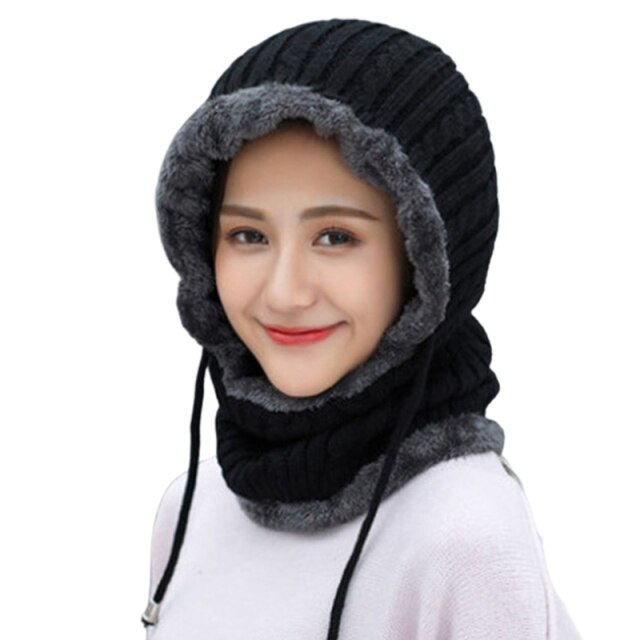 Women Winter Warm Knitted Balaclava Hat Plush Lined Ski Earflap Hood Cap Scarf