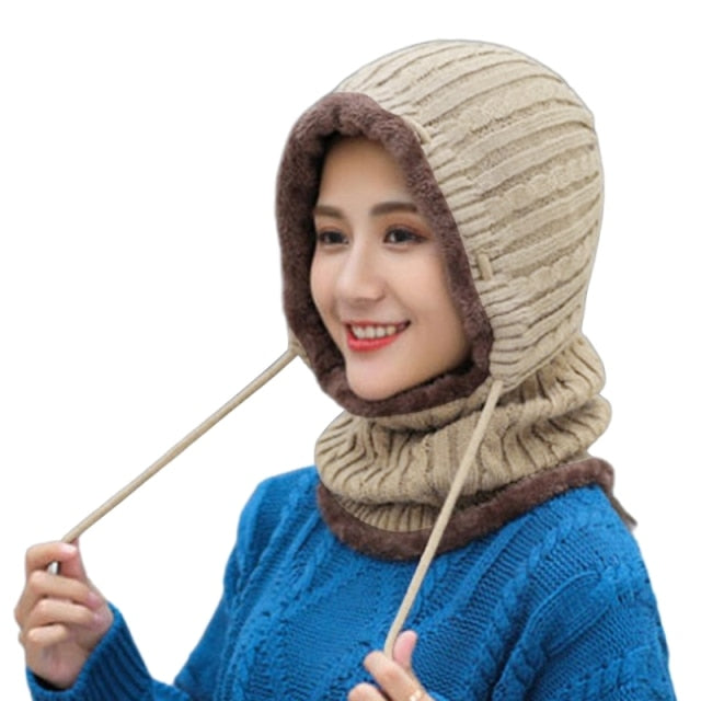 Women Winter Warm Knitted Balaclava Hat Plush Lined Ski Earflap Hood Cap Scarf