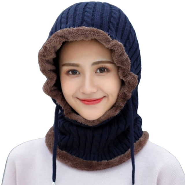 Women Winter Warm Knitted Balaclava Hat Plush Lined Ski Earflap Hood Cap Scarf
