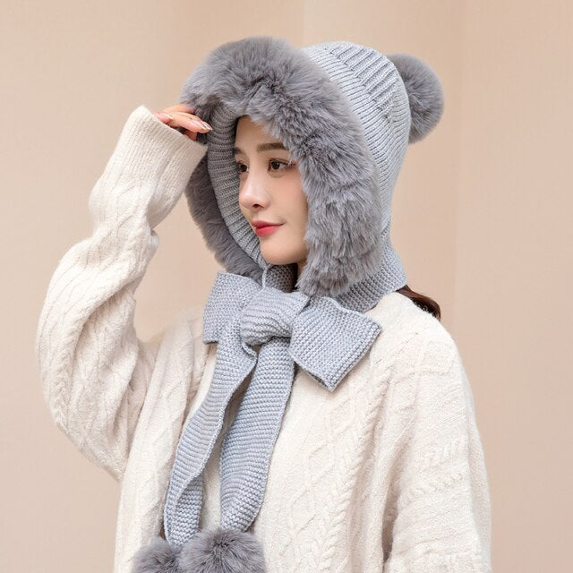 Winter Warm Novelty Knitted Fur Scarf Hat Thicken Plush Earflap Cap Russia ski windproof Ear Protection Hood for Women beanies