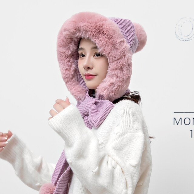 Winter Warm Novelty Knitted Fur Scarf Hat Thicken Plush Earflap Cap Russia ski windproof Ear Protection Hood for Women beanies