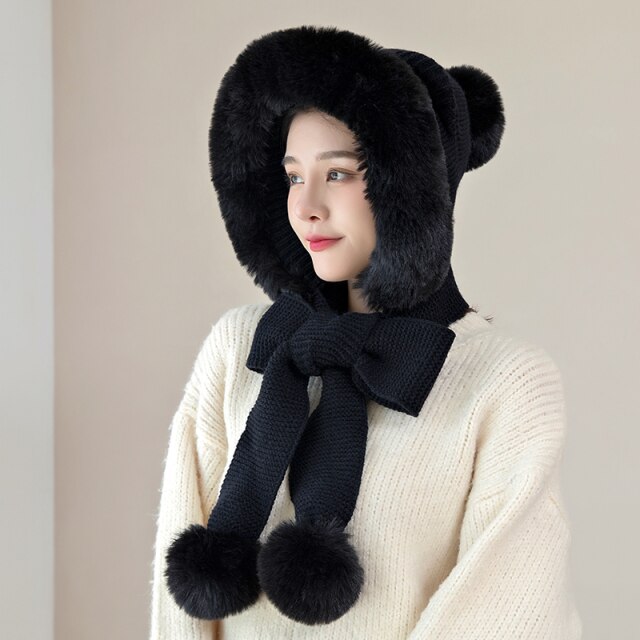 Winter Warm Novelty Knitted Fur Scarf Hat Thicken Plush Earflap Cap Russia ski windproof Ear Protection Hood for Women beanies