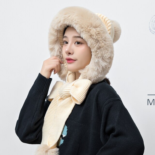Winter Warm Novelty Knitted Fur Scarf Hat Thicken Plush Earflap Cap Russia ski windproof Ear Protection Hood for Women beanies