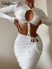 Dulzura 2021 Autumn Winter Women 2 Pieces Long Sleeve Lace Up Hollow Out Crop Top Ruched Midi Skirt Set Party Elegant Outfits