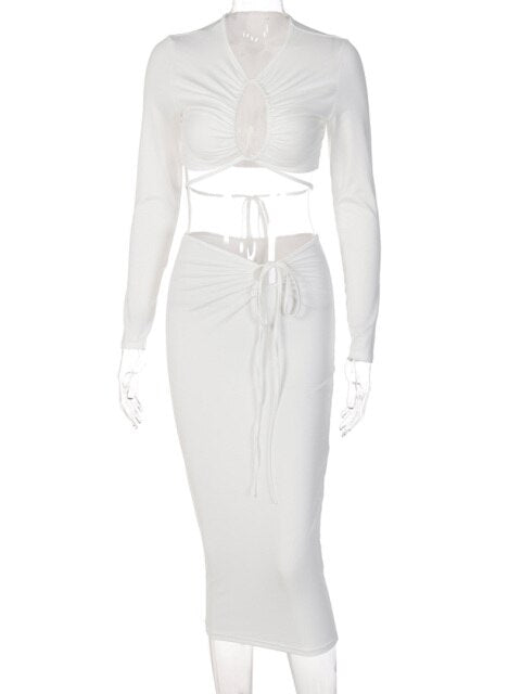 Dulzura 2021 Autumn Winter Women 2 Pieces Long Sleeve Lace Up Hollow Out Crop Top Ruched Midi Skirt Set Party Elegant Outfits