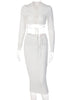 Dulzura 2021 Autumn Winter Women 2 Pieces Long Sleeve Lace Up Hollow Out Crop Top Ruched Midi Skirt Set Party Elegant Outfits