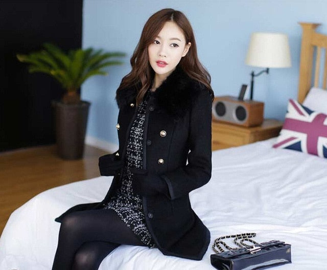 2021 Autumn Winter Women Woolen Jacket New Style Fashion Fur Collar Mid-Long Blends Coat Thicken Double-faced Plush Coat