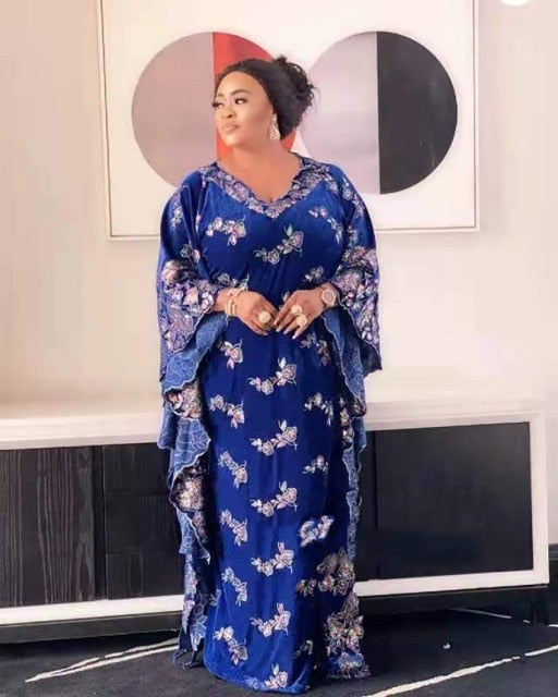 New Style African Women's Dashiki Fashion Velvet Fabrics Embroidery Lace With Scarf Super Loose Long Dress One Size Length 150CM