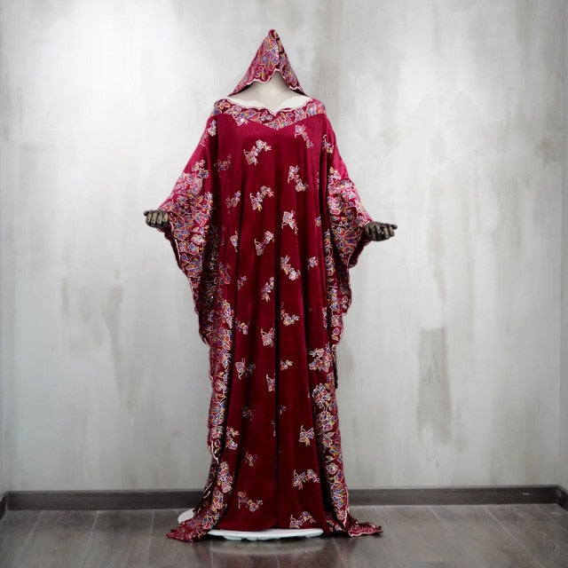 New Style African Women's Dashiki Fashion Velvet Fabrics Embroidery Lace With Scarf Super Loose Long Dress One Size Length 150CM