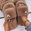 Women Faux Fur Slides Furry Fur Slippers Fluffy Flip Flops Slip on Flats Cute Ladies House Plush Slippers Home Cozy Warm Shoes