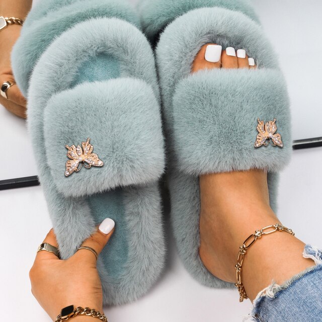 Women Faux Fur Slides Furry Fur Slippers Fluffy Flip Flops Slip on Flats Cute Ladies House Plush Slippers Home Cozy Warm Shoes