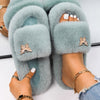 Women Faux Fur Slides Furry Fur Slippers Fluffy Flip Flops Slip on Flats Cute Ladies House Plush Slippers Home Cozy Warm Shoes
