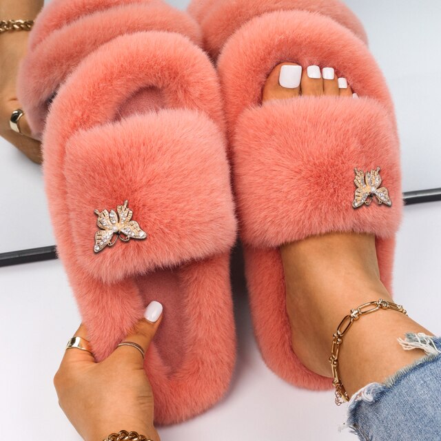 Women Faux Fur Slides Furry Fur Slippers Fluffy Flip Flops Slip on Flats Cute Ladies House Plush Slippers Home Cozy Warm Shoes