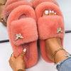 Women Faux Fur Slides Furry Fur Slippers Fluffy Flip Flops Slip on Flats Cute Ladies House Plush Slippers Home Cozy Warm Shoes