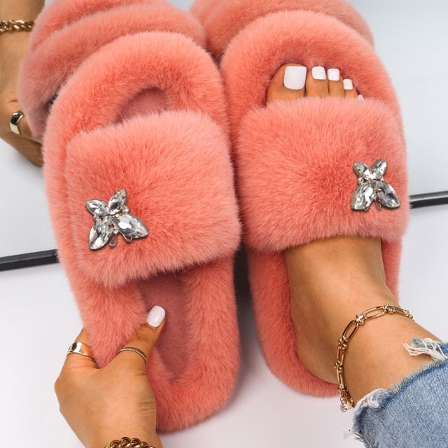 Furry Slides For Women Faux Rabbit Fur Slippers Fluffy Flip Flops Plush House Slippers Non-Slip Flat Sandals Female Home Shoes