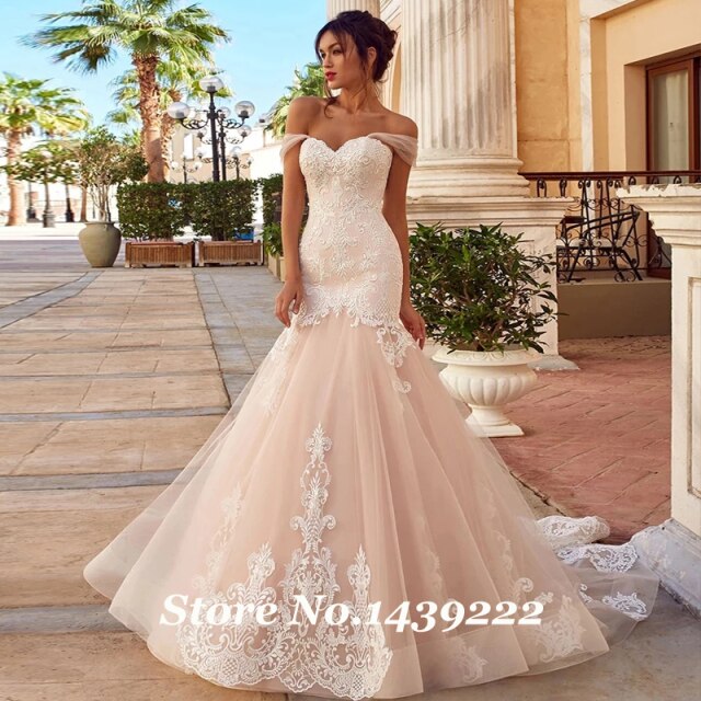 Champagne Lace Applqiues Wedding Dresses Off The Shoulder Corset Noivas Sposa Suknia Robe De Mariee Bridal Engament Party Gown