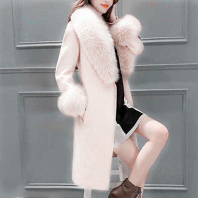 Elegant Fashion Long Wool Coat Collar Detachable Fur Collar Wool Blend Coat and Jacket Solid Women Coats Autumn Winter