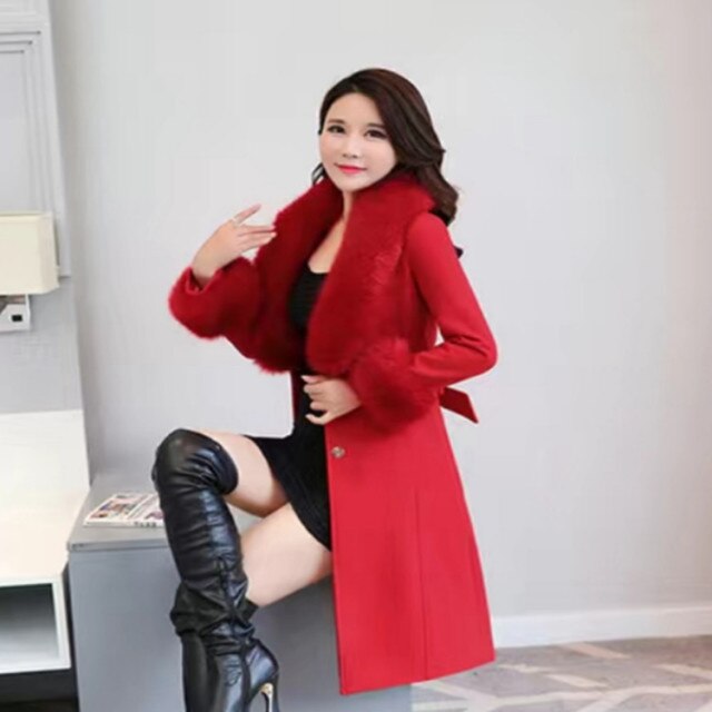 Elegant Fashion Long Wool Coat Collar Detachable Fur Collar Wool Blend Coat and Jacket Solid Women Coats Autumn Winter