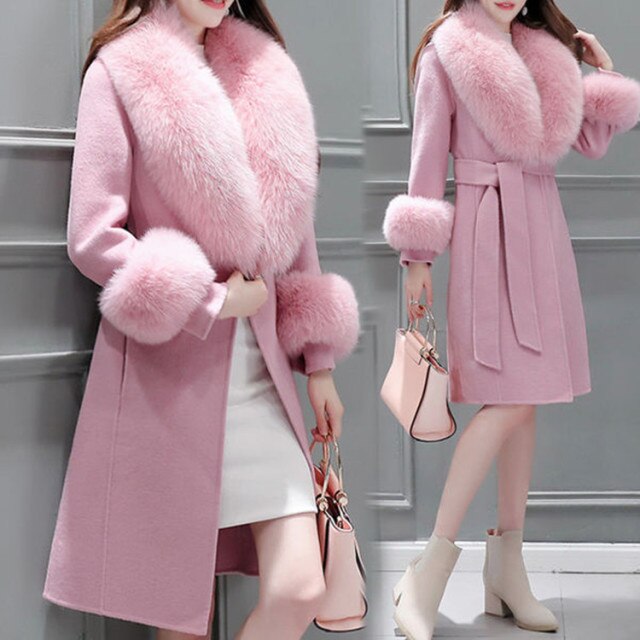 Elegant Fashion Long Wool Coat Collar Detachable Fur Collar Wool Blend Coat and Jacket Solid Women Coats Autumn Winter