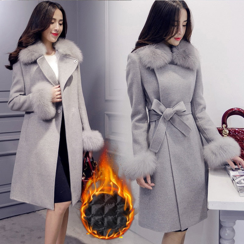 2021 New European And American Women's Coat Slim Long Cotton Cotton Coat Plus Cotton Fur Collar Waist Wool Coat Shin Fashion