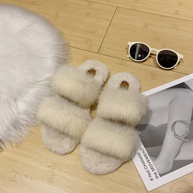 Furry Slides For Women Faux Rabbit Fur Slippers Fluffy Flip Flops Plush House Slippers Non-Slip Flat Sandals Female Home Shoes