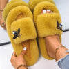 Furry Slides For Women Faux Rabbit Fur Slippers Fluffy Flip Flops Plush House Slippers Non-Slip Flat Sandals Female Home Shoes