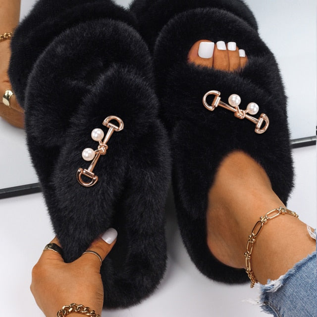 Furry Slides For Women Faux Rabbit Fur Slippers Fluffy Flip Flops Plush House Slippers Non-Slip Flat Sandals Female Home Shoes