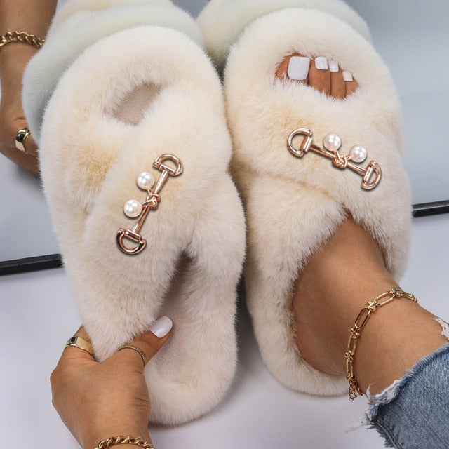Furry Slides For Women Faux Rabbit Fur Slippers Fluffy Flip Flops Plush House Slippers Non-Slip Flat Sandals Female Home Shoes