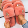 Furry Slides For Women Faux Rabbit Fur Slippers Fluffy Flip Flops Plush House Slippers Non-Slip Flat Sandals Female Home Shoes