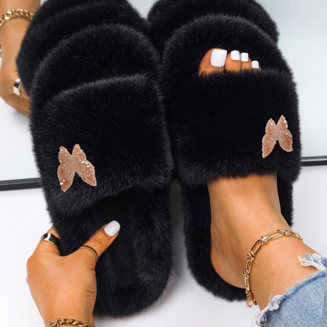 Furry Slides For Women Faux Rabbit Fur Slippers Fluffy Flip Flops Plush House Slippers Non-Slip Flat Sandals Female Home Shoes