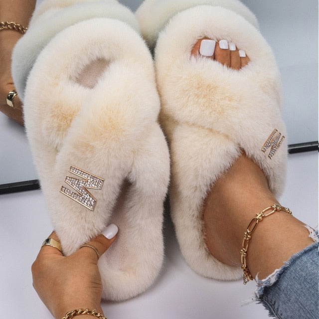 Furry Slides For Women Faux Rabbit Fur Slippers Fluffy Flip Flops Plush House Slippers Non-Slip Flat Sandals Female Home Shoes