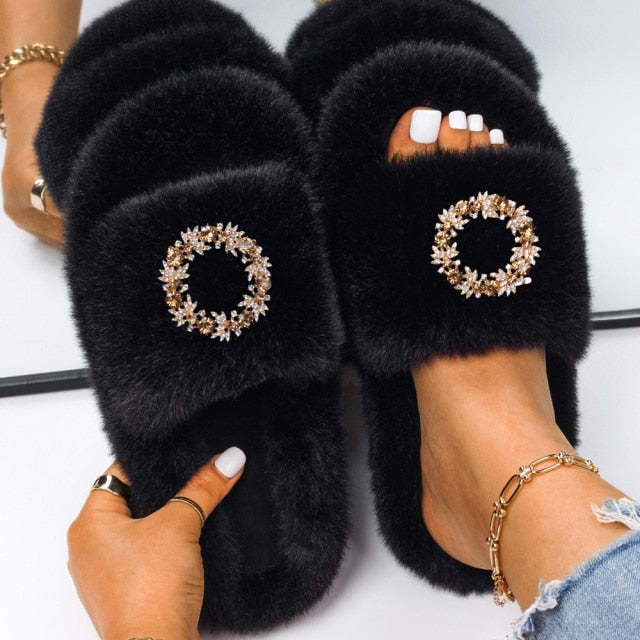 Furry Slides For Women Faux Rabbit Fur Slippers Fluffy Flip Flops Plush House Slippers Non-Slip Flat Sandals Female Home Shoes