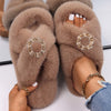 Furry Slides For Women Faux Rabbit Fur Slippers Fluffy Flip Flops Plush House Slippers Non-Slip Flat Sandals Female Home Shoes