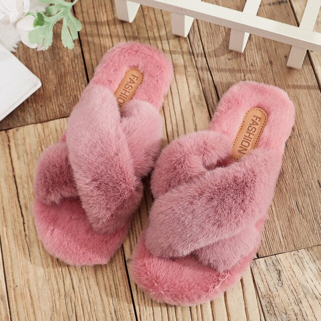 2021 Winter Trend Fashion Modern Indoor Slippers Faux Fur Fluffy Furry Cross Strap Open Toe Non Slip Sole Elegant Shoes Ladies